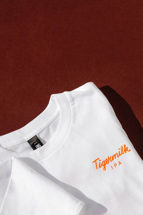 White t-shirt with 'Tigermilk IPA' text on a red background