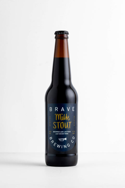 Bottle of Brave Milk Stout with a label on a white background