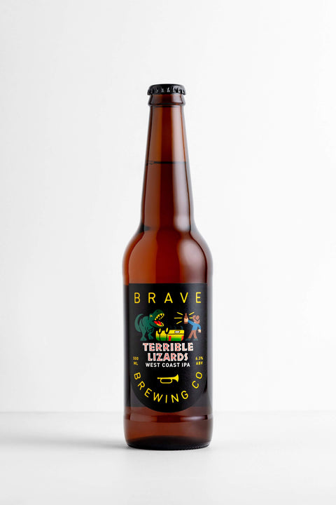 Brown Brave Brewing Co Terrible Lizards West Coast IPA beer bottle on a white background