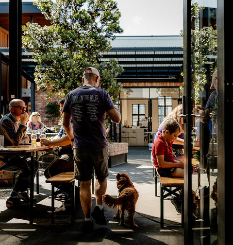 People sitting at tables outside Brave brewing Co with a dog on a leash.