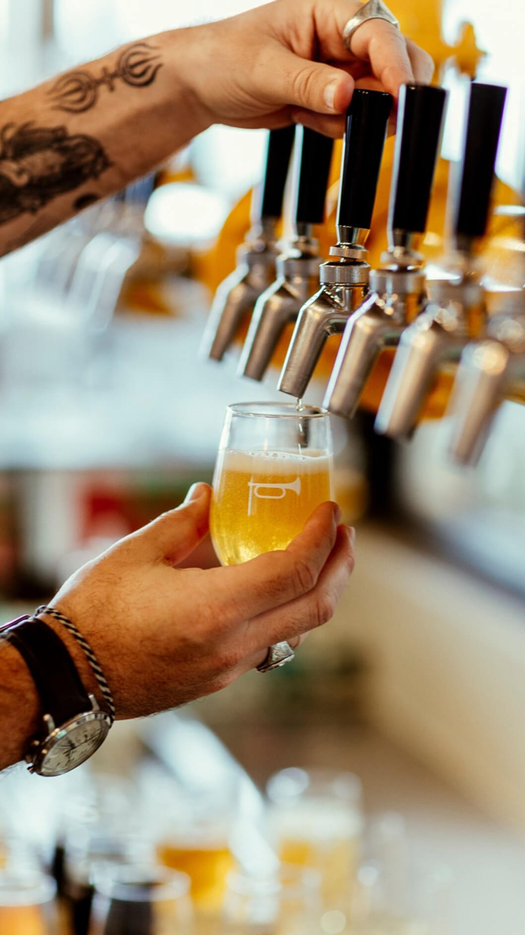 Person holding a glass of beer near multiple beer taps in Brave Brewing Co